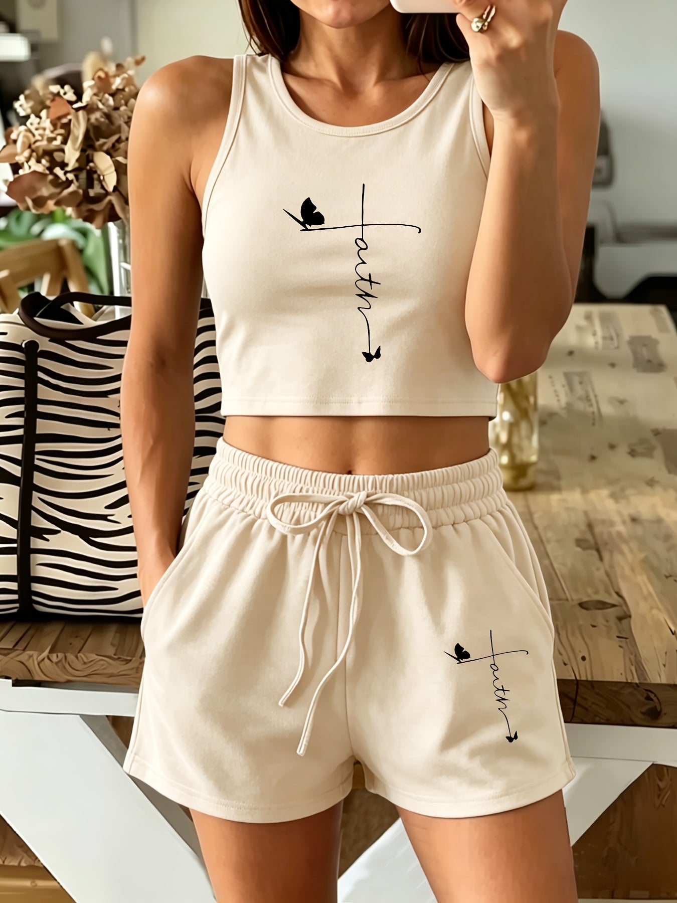 Women's Casual Two-Piece Set with Graphic Tee & Wide Leg Pants
