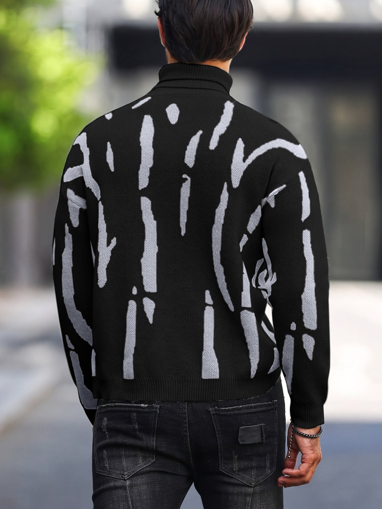 Men's Zebra Stripe Knit Sweater - High Neck Winter Pullover with Zebra Stripes, Warm Casual Sweaters for Weather, Hand Washable Fall/Winter Wardrobe Essential (Regular Fit)