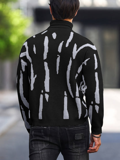Men's Zebra Stripe Knit Sweater - High Neck Winter Pullover with Zebra Stripes, Warm Casual Sweaters for Weather, Hand Washable Fall/Winter Wardrobe Essential (Regular Fit)