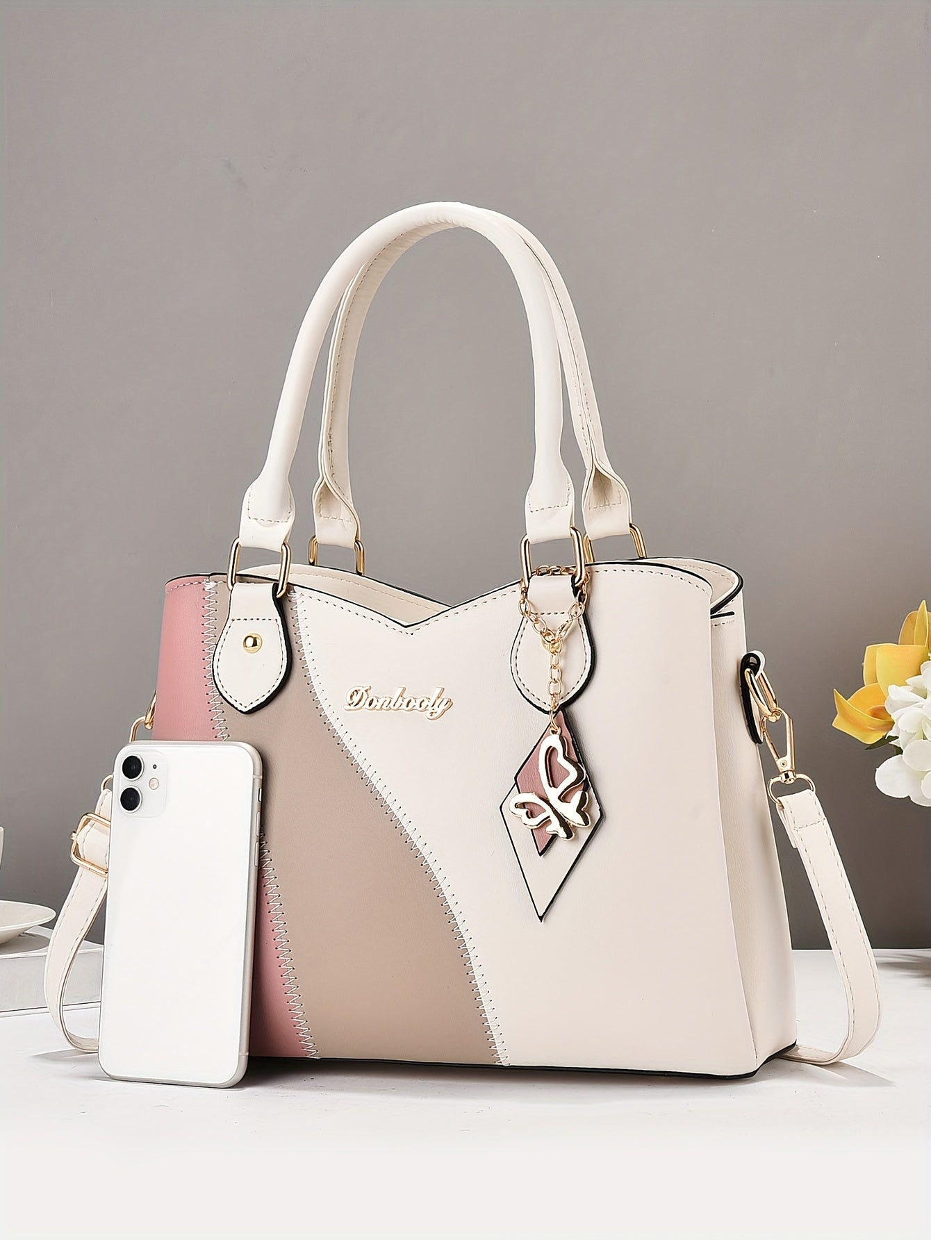 Wo 's Casual Geometric Two-Tone Large Capacity   Handbag with Adjustable   Strap, Detachable Wristlet & Zipper Closure - in Khaki/White/Pink/Red/Green/Black, Travel Accessory, Stylish Accessory, Durable Construction, Spacious