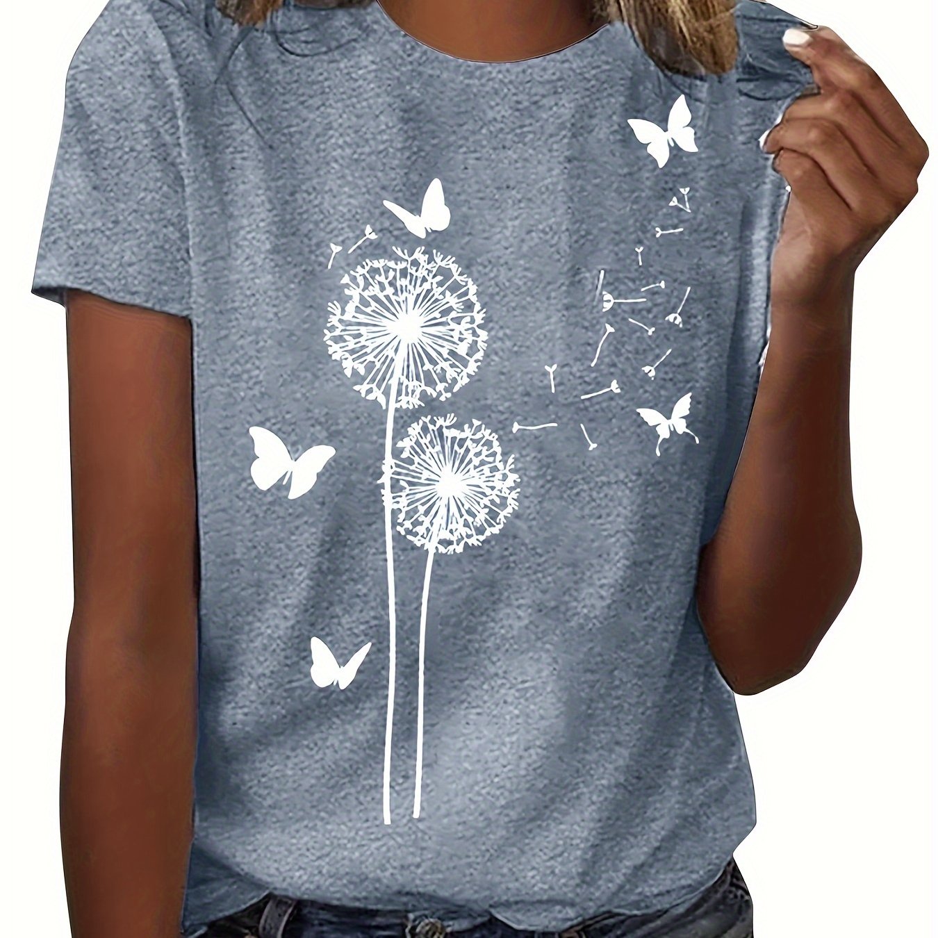 Dandelion &amp; Butterfly Print T-shirt, Casual Crew Neck կարճ թև վերնաշապիկ գարնան և ամառի համար, կանացի հագուստ