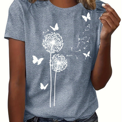 Dandelion &amp; Butterfly Print T-shirt, Casual Crew Neck կարճ թև վերնաշապիկ գարնան և ամառի համար, կանացի հագուստ