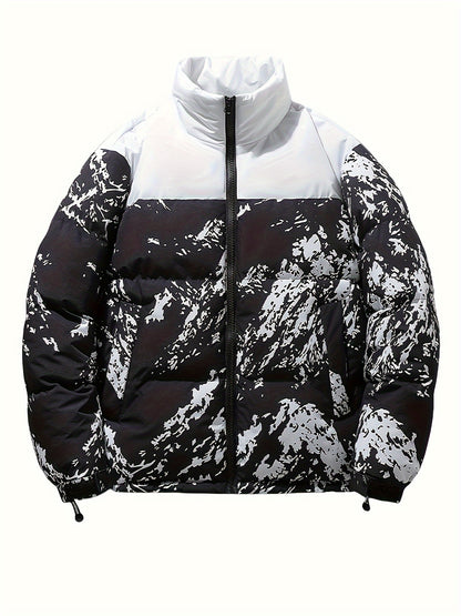 Men's Winter Jacket Windproof Coat with Stand Collar & Camo Marbled Pattern (Black/White/Grey) - Thickened Padded, Full-Zip Closure, for Skiing,, Outdoor Activities - Cold Weather Survival