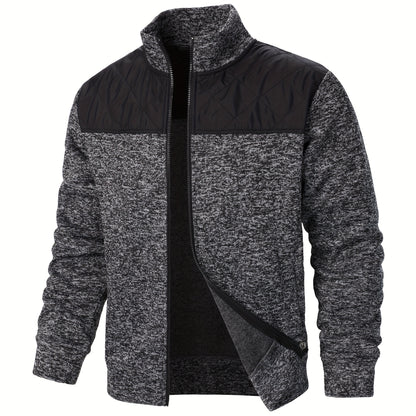 Men's Blocking Quilted Jacket For Spring And Autumn, Casual Stylish Outdoor Stand Collar Coat As Gift