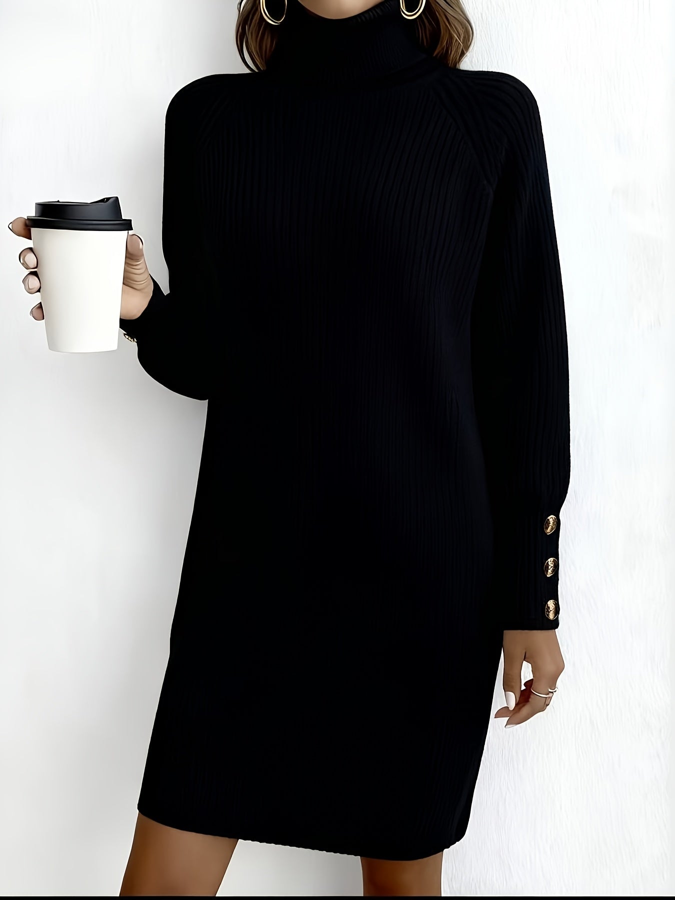 Women's Dark Green (Navy/Turquoise-Free) Sweater Dress - High Neck Collar & Single-Breasted Button Front, A-Line Silhouette Long Sleeve Coat Dress for Winter,, Office, Semi-Formal Wear (Hand Washable)