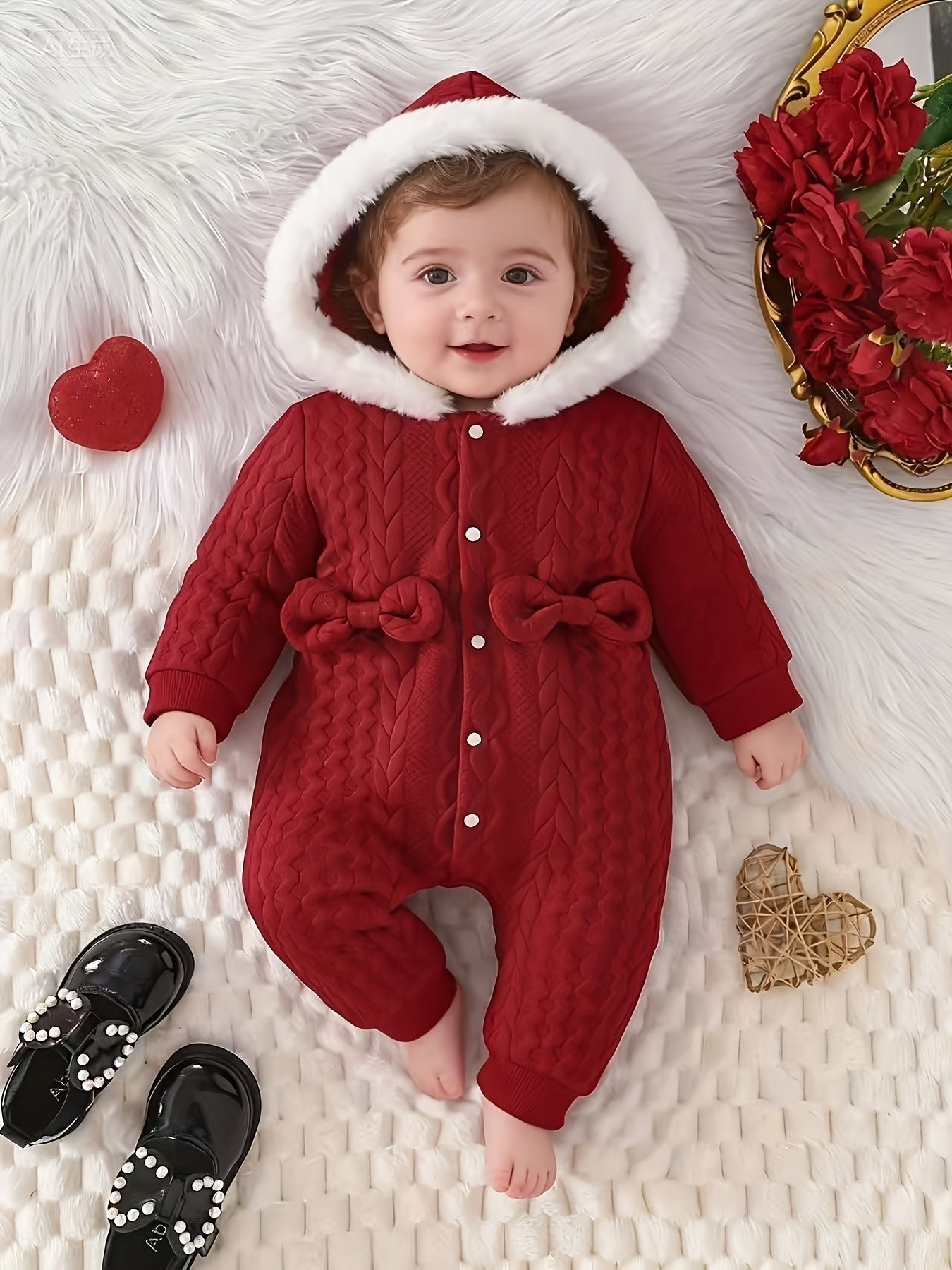 Baby Girl'S Cute Thickened Knit Romper with Hood and Bow Accent, Perfect for Outdoor Christmas and Autumn/Winter Wear, P101924, Perfect for Outdoor Christmas And Autumn/Winter