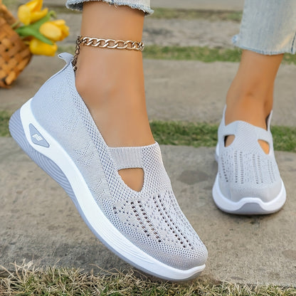 Women's Breathable Mesh Sneakers - Comfort Slip-On Walking Shoes, Soft PVC Sole, Fabric Insole & Lining, Stability Support for Spring/Summer Outdoor Casual Wear, Spring Summer Footwear|Cut-Out Patterns|Fabric Upper Shoes