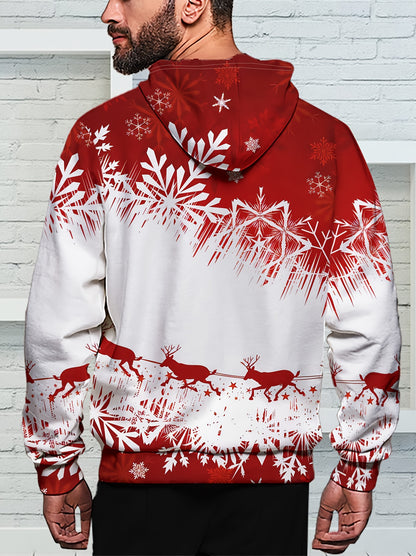 Men's Winter Red & Black Snowflake Print Hooded Sweatshirt - 100% Polyester Casual Pullover Sweater with White Piping, Relaxed Fit for Christmas & New Year's Eve Parties, Machine Washable Spring/Fall Layering Essential (Men's