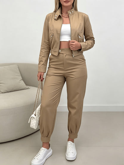 Casual Loose-Fit Ankle Pants & Cropped Jacket Set for Spring/Fall