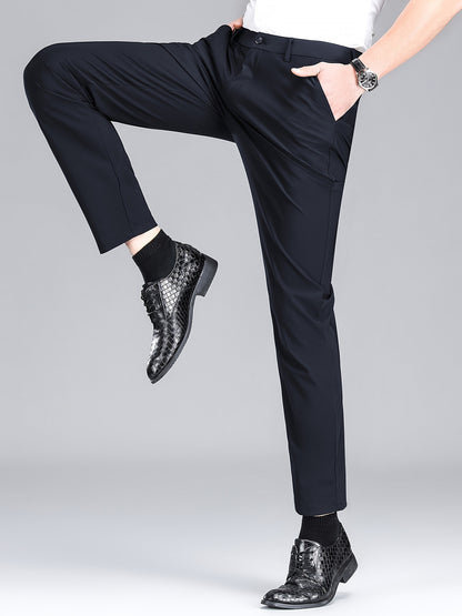 Men'S Navy Blue Straight Leg Dress Pants - Casual Style, Polyester Fabric with Slight Stretch, Mid Waist, Button Closure, No Belt, Regular Fit, Outdoor & Office Wear, Office Attire|Straight Leg Pants|Polyester Fabric