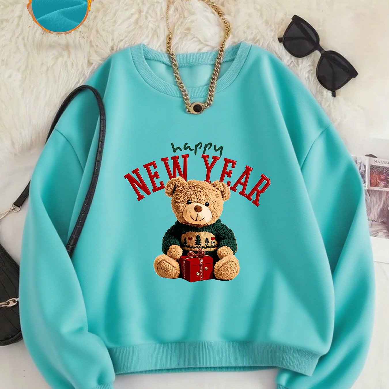 -Lined Women's Crewneck Pullover, Casual Printed Versatile Sweatshirt, Multiple Colors Available