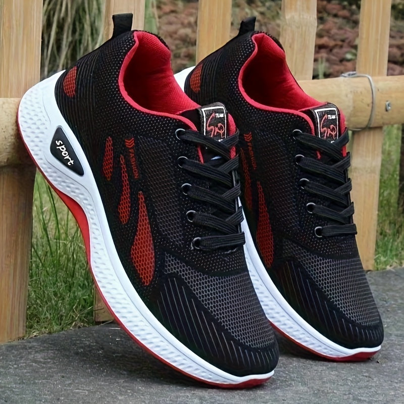 A Pair of Men's Casual Lace-up Sneakers - Suitable for All Seasons, Color-block Design in Black and Red, Low-top Running Shoes | Casual Slip-ons | Non-slip Sole Shoes - ayq