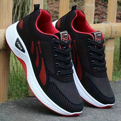 A Pair of Men's Casual Lace-up Sneakers - Suitable for All Seasons, Color-block Design in Black and Red, Low-top Running Shoes | Casual Slip-ons | Non-slip Sole Shoes - ayq