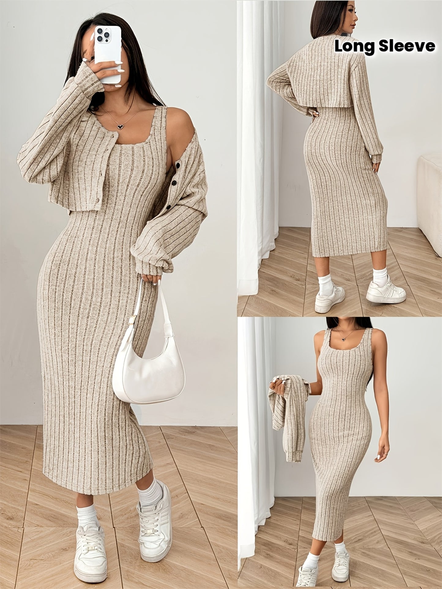 Elegant Fall/Winter Long Sleeve Cardigan and Dress Set