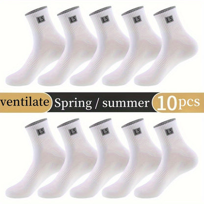 5/10 Pairs Of Men's Trendy Solid Crew Socks, Spring and Fall Breathable Comfy Casual Socks for Men's Outdoor Wearing All Seasons Wearing