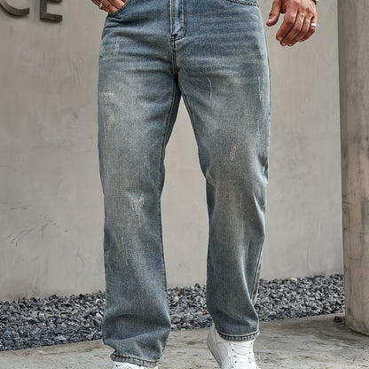 Men's Regular Fit Distressed Denim Jeans - Light Grey, Blend, Machine Washable, Year-Round Comfort & Style