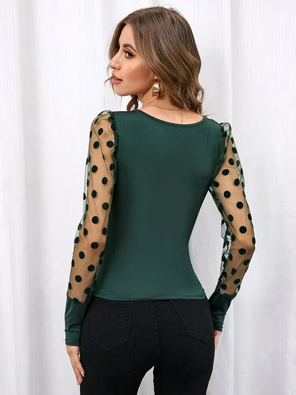 Նոր ոճի U-ձև օձիքով ցանցկեն, պոլկա կետերով երկար թևքով, միագույն, ներքնազգեստով, ամենօրյա, բազմակողմանի վերնաշապիկ