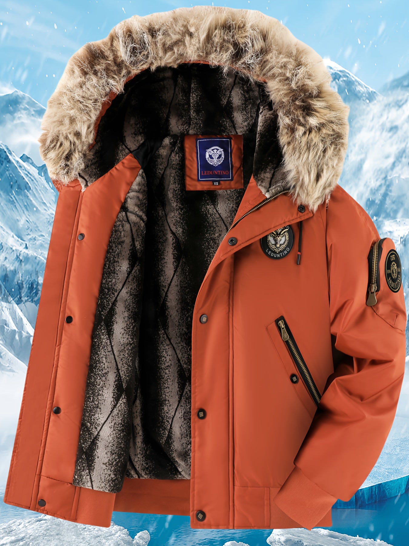 Տղամարդու ձմեռային վերարկու - նոր տաք, գլխարկով բաճկոն՝ ոսկեգույն նախշերով, ազատ չափսի, ցուրտ եղանակի համար նախատեսված ամենօրյա վերնազգեստ, լվացքի մեքենայով լվացվող, հաստ, հարմարավետ փափուկ աստառով