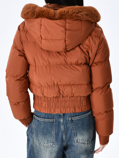 Էլեգանտ պոլիեսթերային բարձիկով կանացի բաճկոն - 2024 թվականի նորաձև կարճ միագույն վերարկու՝ հաստ արհեստական ​​մորթուց օձիքով, երկար թևքերով, կայծակաճարմանդով, գործված - Ձմեռային ջերմություն, առօրյա վերնազգեստ