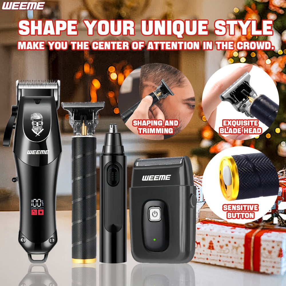 WEEME 4pcs Professional Hair Clipper Set for Men, Cordless Barber Clippers and Trimmer Kit, Electric Beard Trimmer and Nose Trimmer, Foil Shaver Grooming Tools, Luxury Christmas Gift Set for Him (Black) - ayq