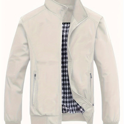 Men's Long Sleeve Zip Up Stand Collar Coat, Business Stand Collar Jacket With Zipper Pockets, Spring Autumn Men's Clothing