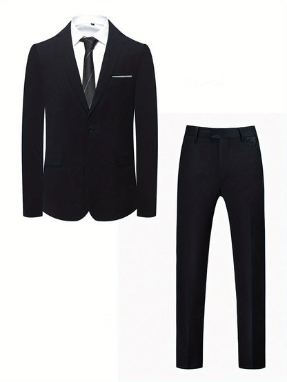 Men's Two-Piece Suit in Solid Color with Sealed Pockets, Regular Fit Suit Trousers, Elegant and Classic, Suitable for Business and Wedding Parties