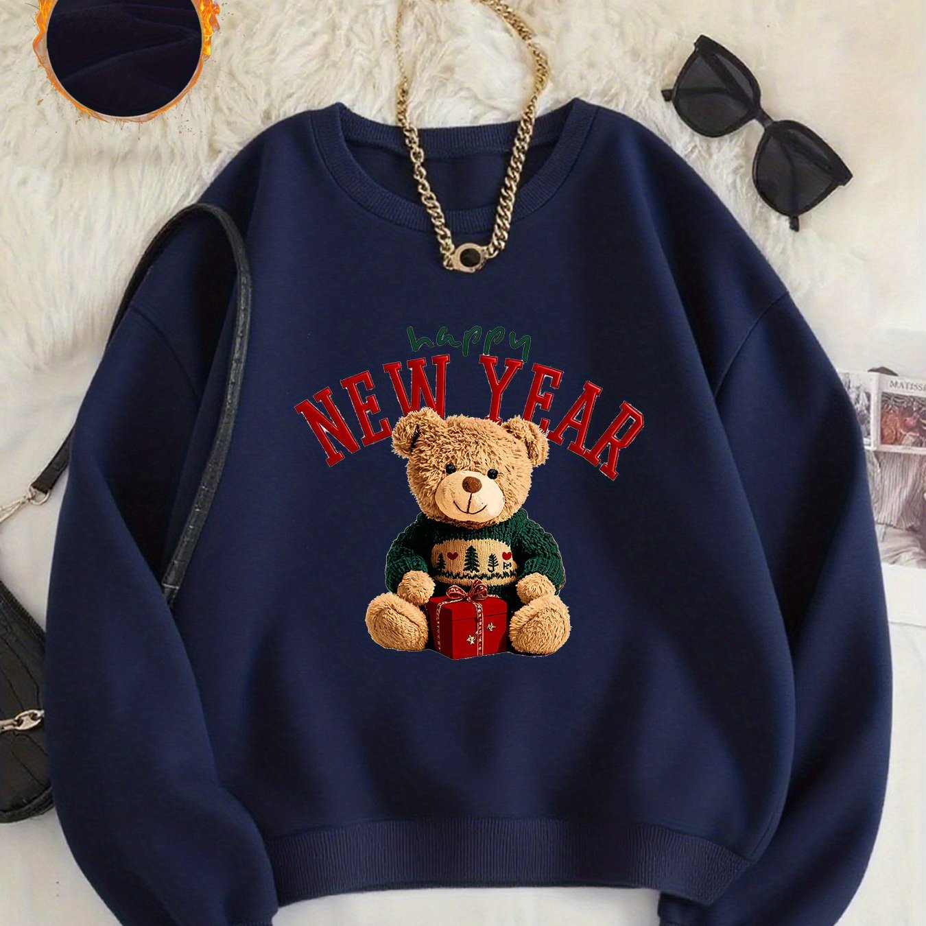 -Lined Women's Crewneck Pullover, Casual Printed Versatile Sweatshirt, Multiple Colors Available