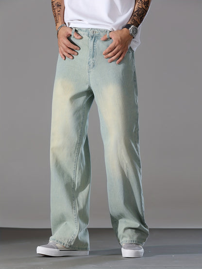 Men's Loose Solid Denim Barrel Pants With Pockets, Causal Cotton Blend Jeans For Outdoor Activities