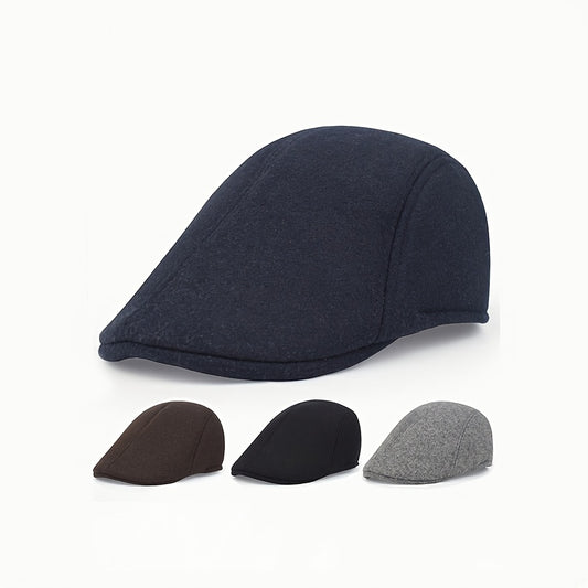 Street Style Solid Color Beret Cap, Casual Front-Brim Sun Protection Hat, Woven, with Polyester 65% and Cotton 35%