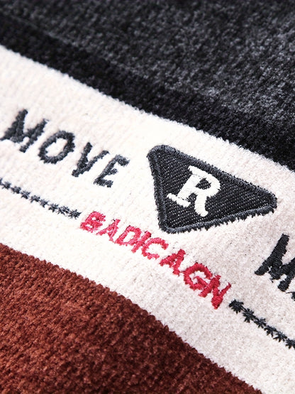 Temujin Men'S Winter Round Neck Sweater with Fleece, Knitted with Embroidered Stripes And Casual Letters for Warmth And a Fitted Style