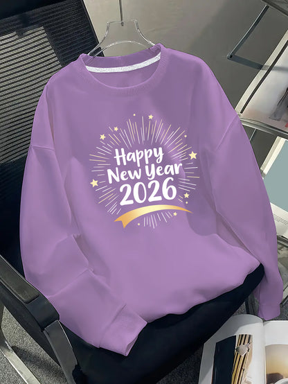 Men's Happy New Year 2026 Print Round Neck Sweater - Casual Long Sleeve Pullover with Chinese/English Lettering, Machine Washable Winter Sweaters for Parties, Daily Wear & New Year Gifts (Happy 2026 Design)