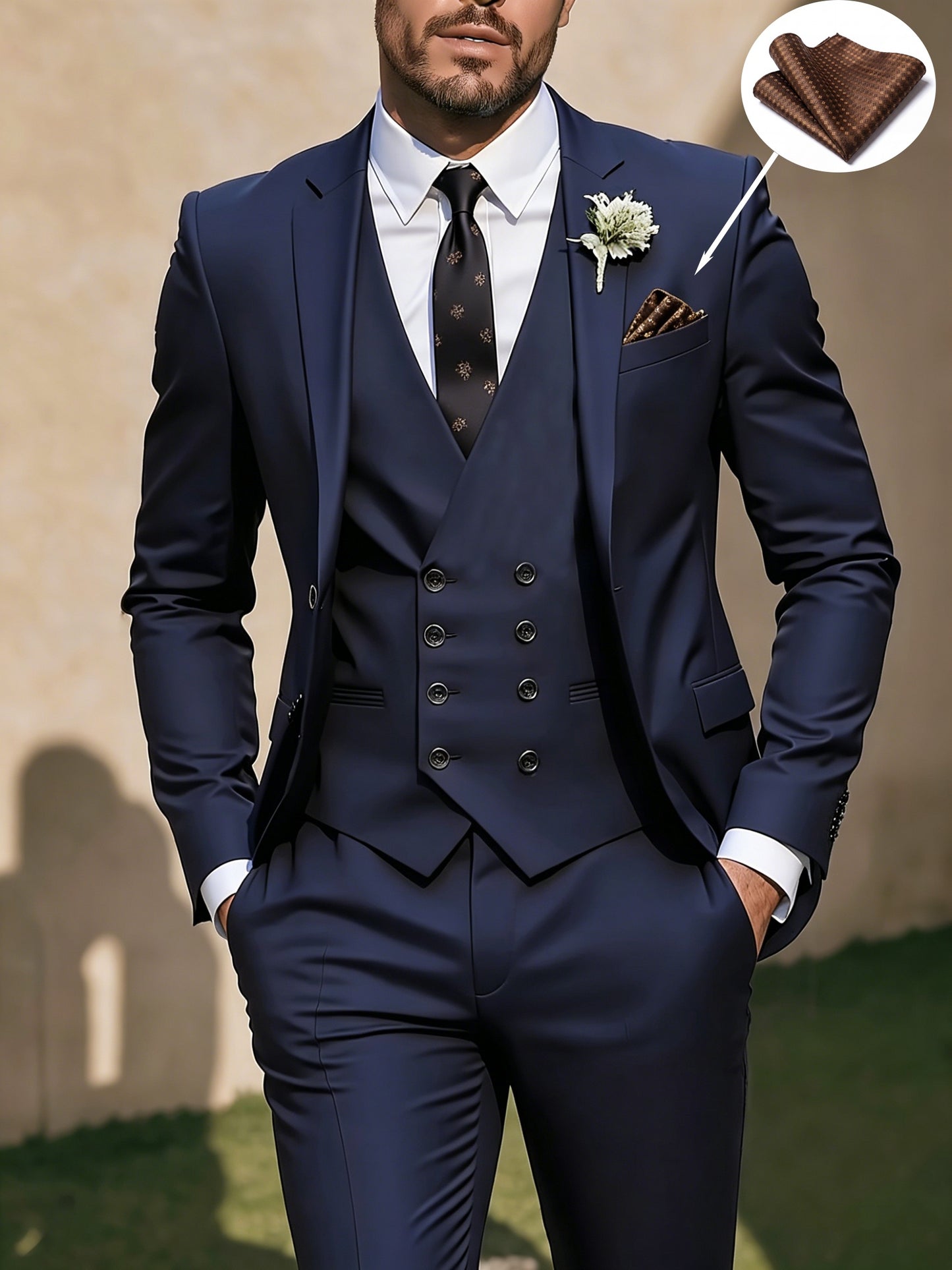 Men's 3-Piece Polyester Suit Set with Vest & Pocket Square