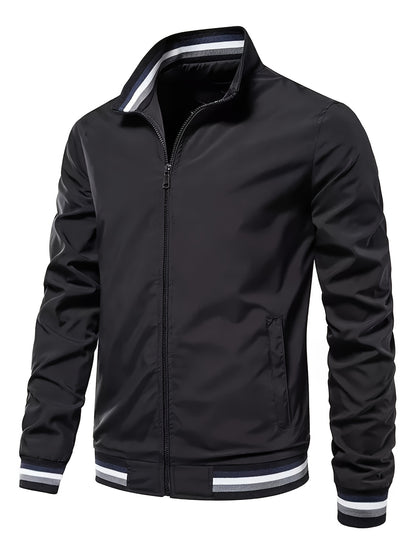 Lightweight And Trendy Men's Long Sleeve Zipper Jacket With Stand Collar, Pockets And Stripe Pattern Pieces, Suitable For Spring And Autumn Outdoors Activities