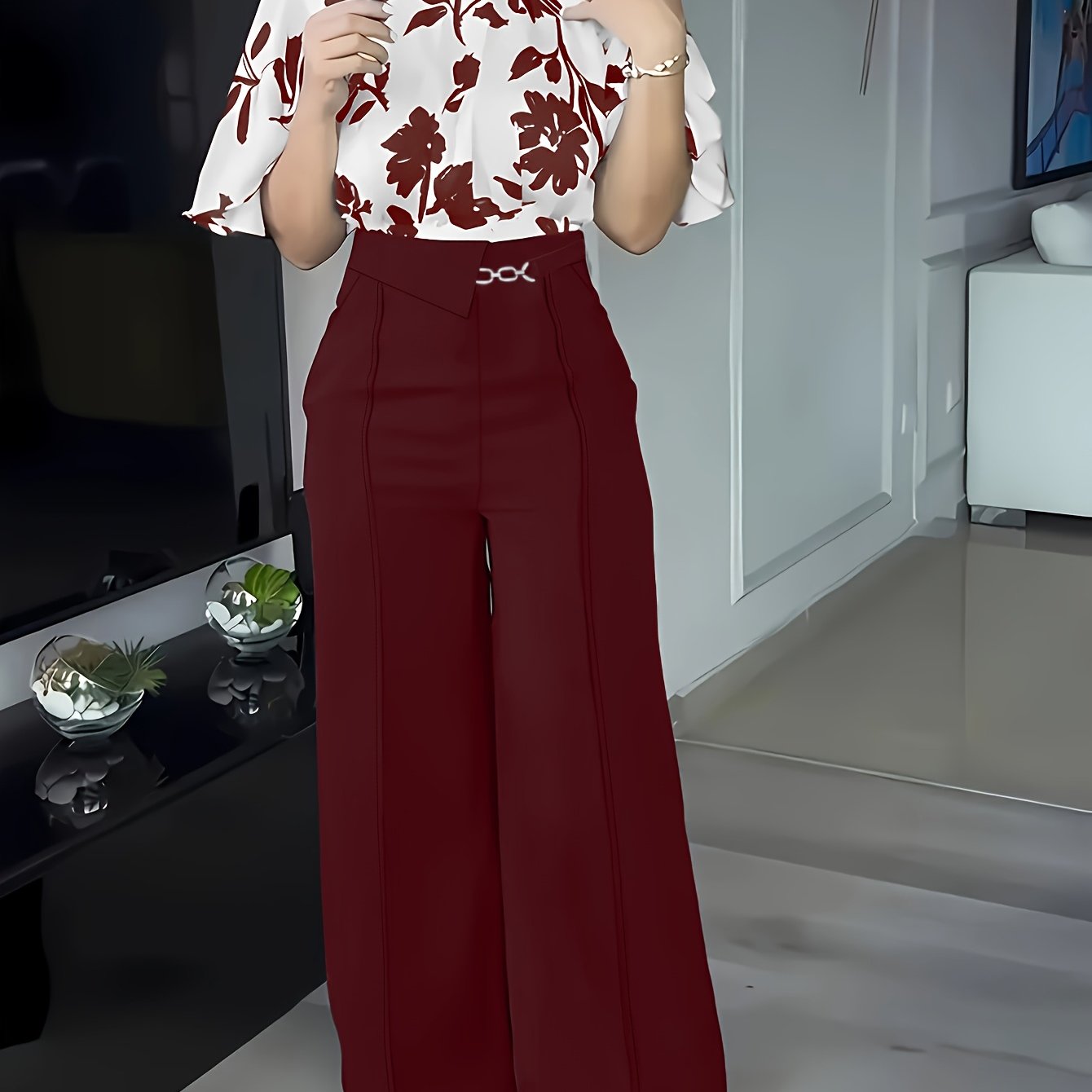 ZD0410952 Women's Printed Spring/Summer Elegant Commuter Casual Shirt 2pcs Set