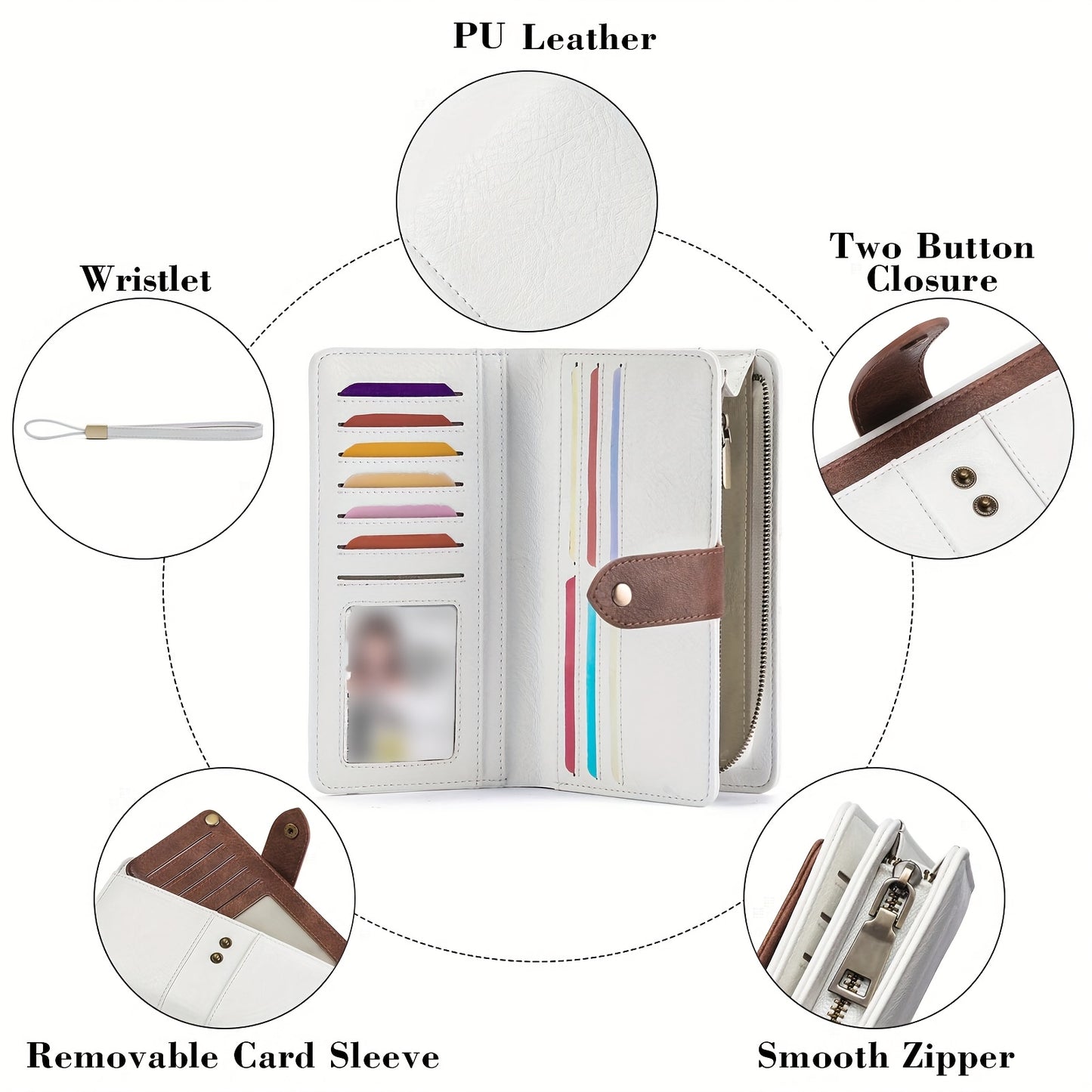 Women's Large Capacity Wallet Handbag with Wrist Strap - Elegant White & Golden-Tone Long Wallet, Golden-Tone Hardware, Multi-Compartment Organizer with Cash Pocket & Card Holder for Everyday Use, School, Work, Travel - Styli