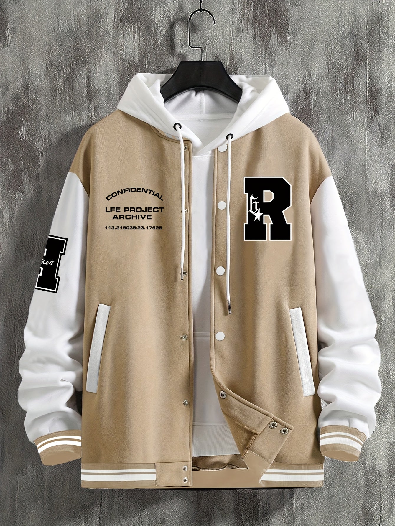 Men's Fashionable R-Letter Patchwork Casual Street Style Baseball Jacket - Polyester, Maroon & Black with White Stripes, Button Closure, with Pockets