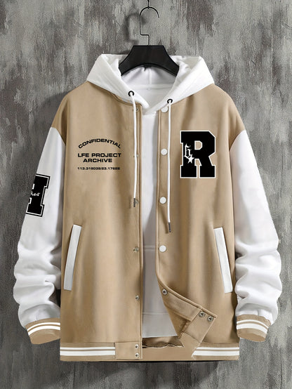 Men's Fashionable R-Letter Patchwork Casual Street Style Baseball Jacket - Polyester, Maroon & Black with White Stripes, Button Closure, with Pockets