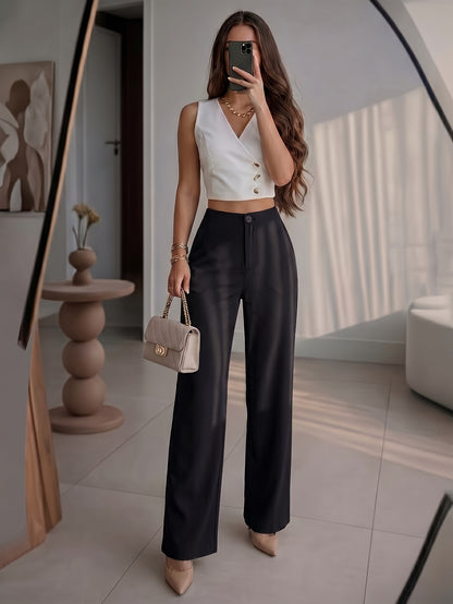 Petite High-Waisted Wide Leg Pants - Chic Draped Straight Trousers