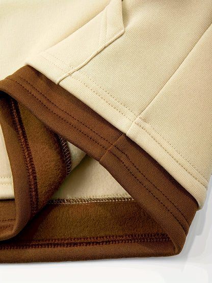 2pcs Boys' Oversized Hooded Sweatsuit & Jogger Pants Set with Letter Print - Beige & Brown Casual Winter Outfits, Thick Warm Fabric, Machine Washable, Pockets, Elastic Waist & Cuffed Hem for Play & Casual Attire - Ideal for L