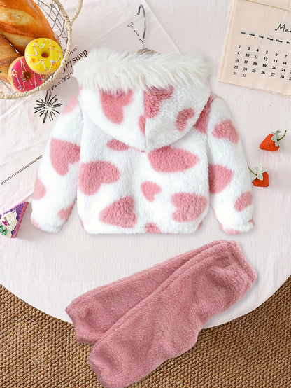 A Set of Warm Clothes for Baby Girls, Warm Hooded Fleece Jacket, Cardigan Top + Elastic Waist Warm Pants, Autumn And Winter Style, Cute Cold-Proof Jacket for Girls, Fur Zipper Outerwear, Outdoor Clothing Set, Newborn Children