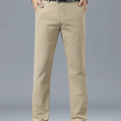Men's Classic Business Casual Pants - Polyester, Solid Color, Regular Fit for All Seasons