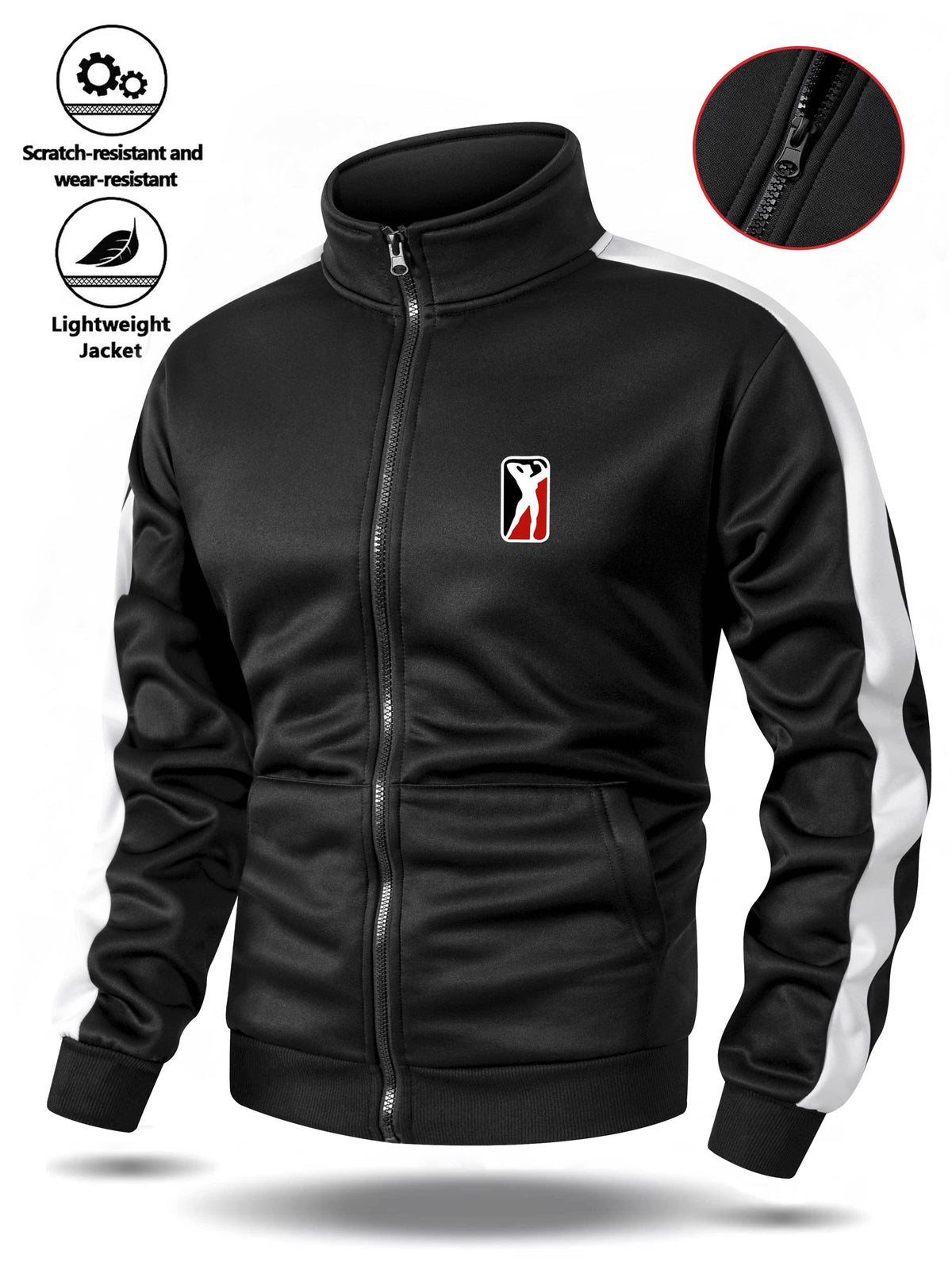 Men's Stand Collar Zip-Up Jacket with Striped Sleeves for Spring