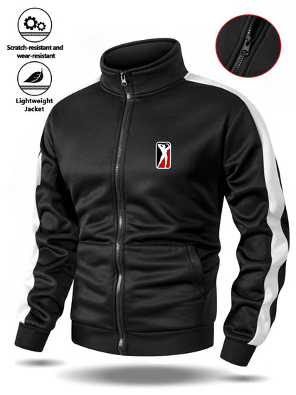 Men's Stand Collar Zip-Up Jacket with Striped Sleeves for Spring