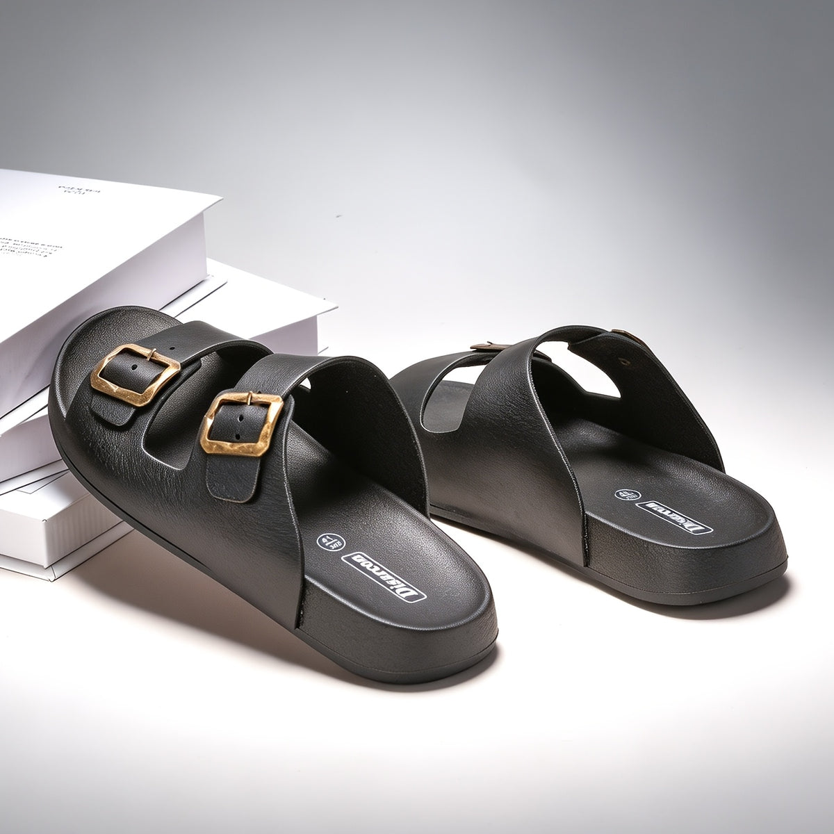 Unisex Retro Slide Sandals with Metal Buckle, Casual Double Strap