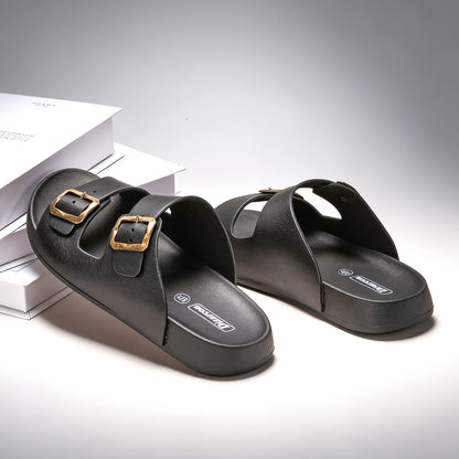 Unisex Retro Slide Sandals with Metal Buckle, Casual Double Strap