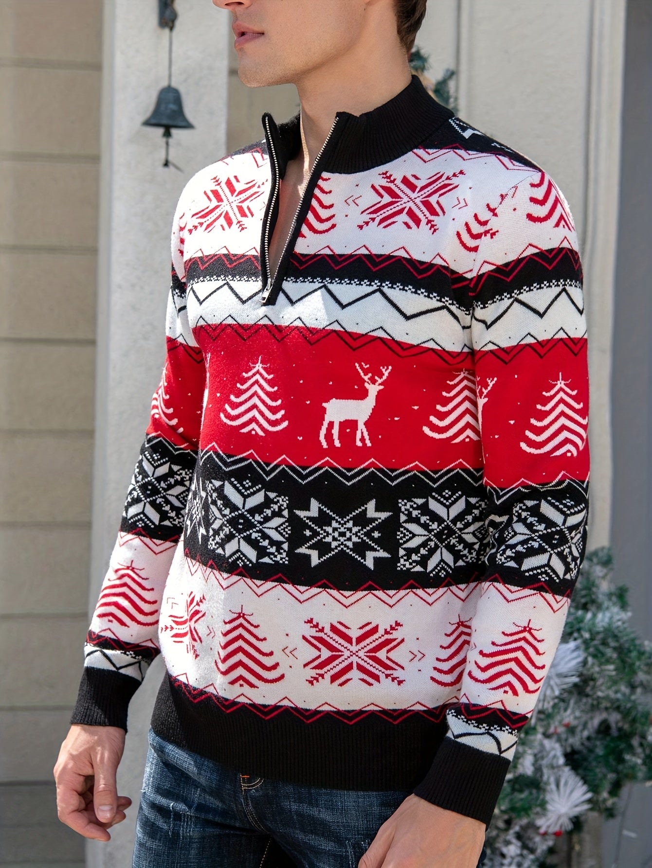 Men's Winter Weight Slim-Fit Zippered Sweater Jacket - Black/White/Red/Green Reindeer & Snowflake Pattern Collar, Machine Washable Half-Zip Coat for Christmas Parties, Casual & Formal Events ( Collar)