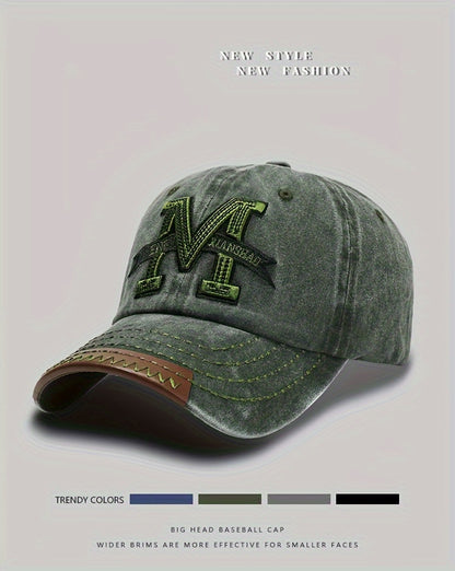 Spring And Autumn Retro Washed Denim Duckbill Cap, Fashionable Outdoor Sun Baseball Hat, With Old Letter M Embroidery, For Men Women