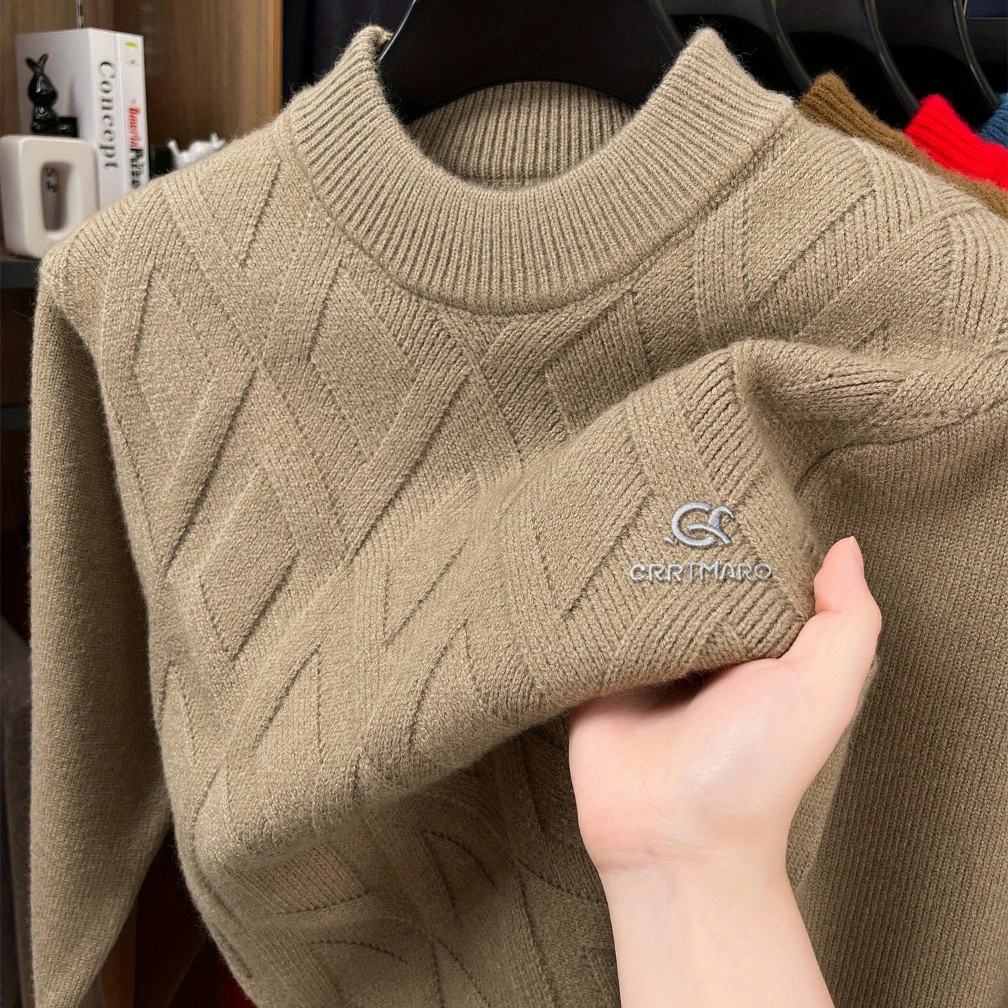 KATMARO ասեղնագործված սվիտեր տղամարդկանց համար, կլոր վզնոցով, տաք աշնանային և ձմռան համար, խիտ բրդյա, կիսաբարձր օձիքով հիմք, Shengyida-ի առօրյա տղամարդու հագուստ