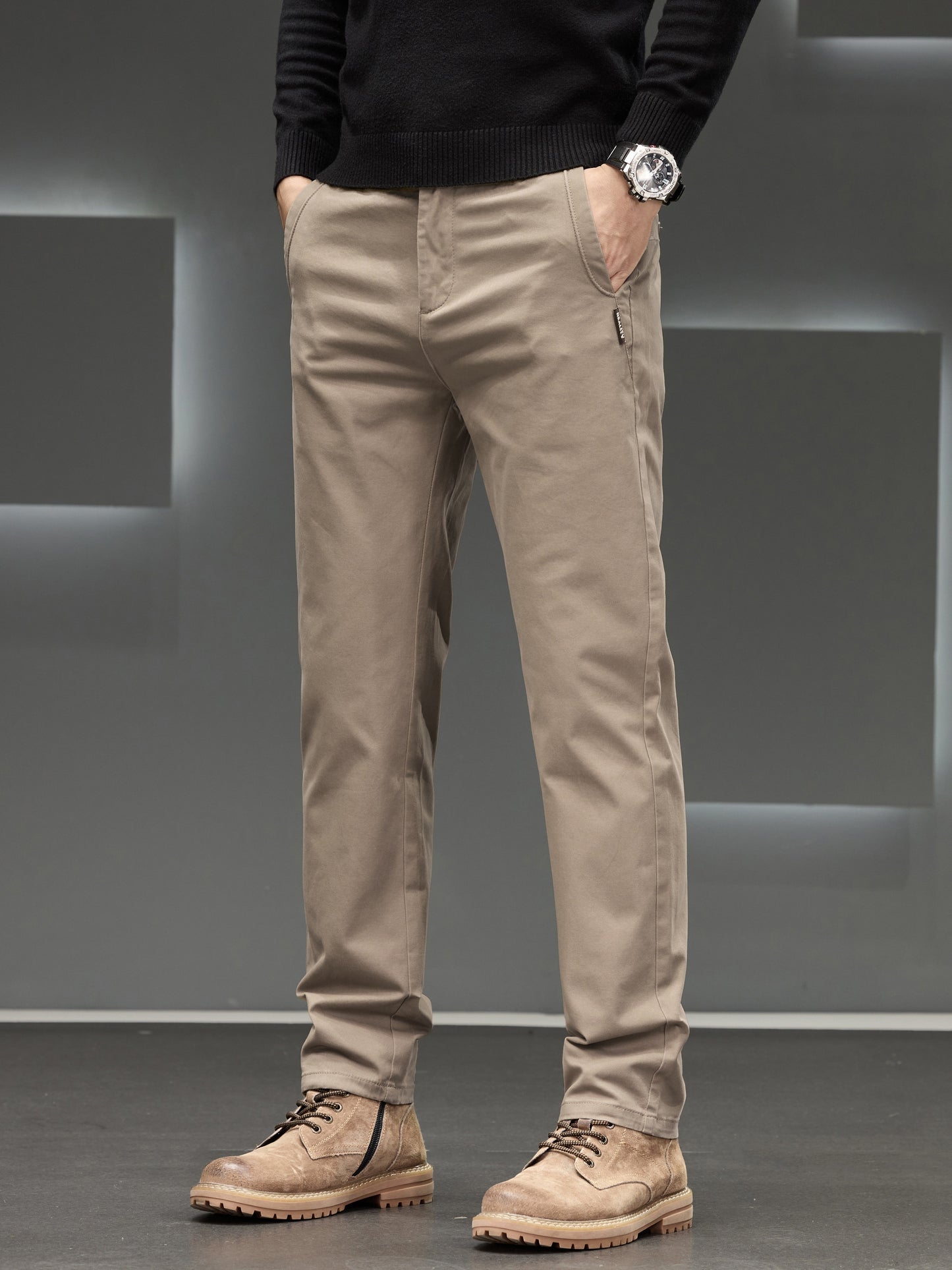 Men's Classic Business Trousers - Lightweight Polyester Straight-Leg Pants For Spring/Fall - Button Details - Non-Elastic Fabric - Solid Color - Regular Fit