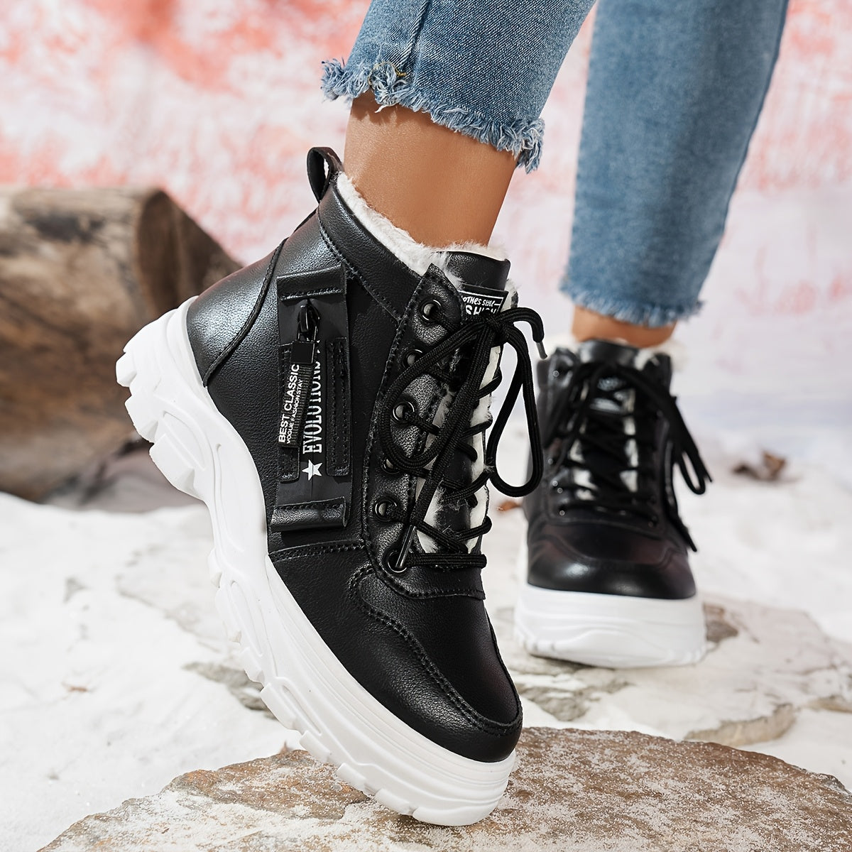 Կանացի ձմեռային ձնագնացքներ - Տաք երեսպատված, չսահող, բարձրակրունկ արտաքին ցանկացած առիթի համար կոշիկներ, ռիբավորված մեղմացնող ներդիրով, սև, իդեալական են ցուրտ եղանակի համար, ձմեռային կոշիկներ | Ոճային ձմեռային կոշիկներ | Դիմացկուն կոշիկներ